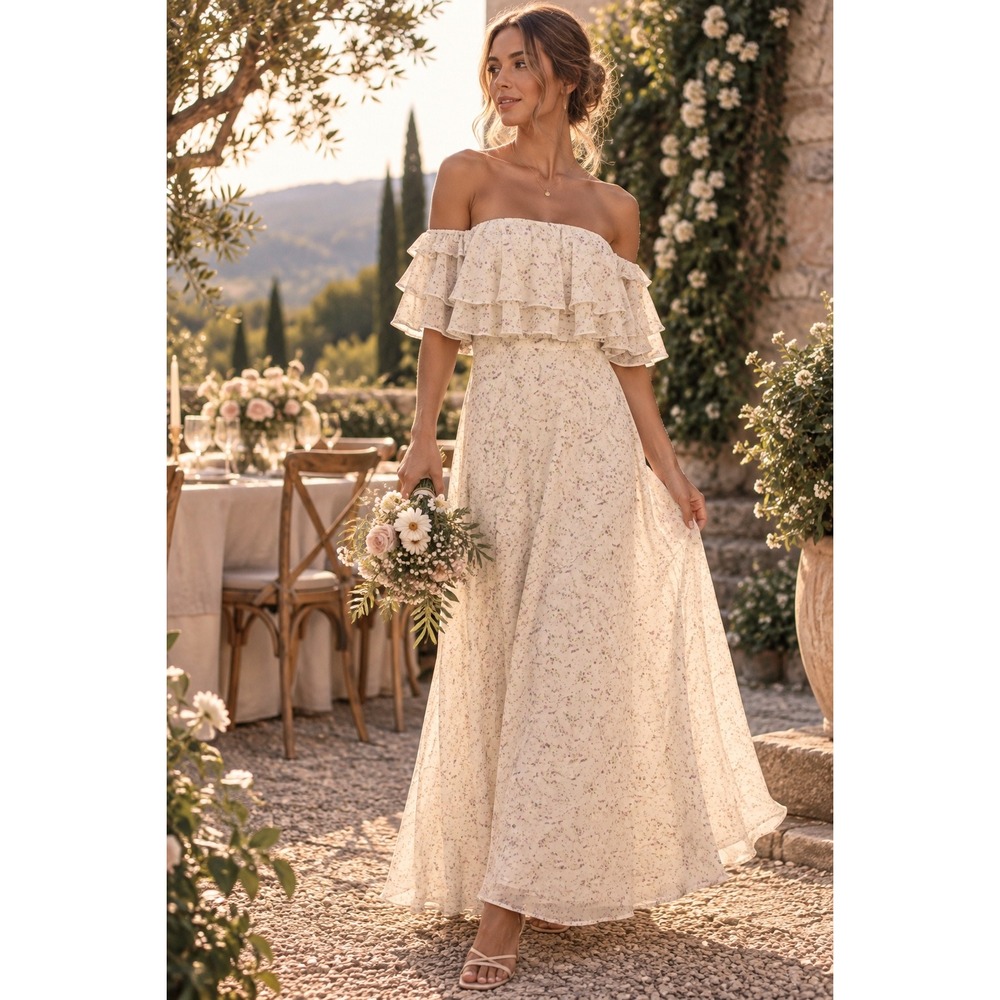 Lulus Just Love Floral Ruffle Off The Shoulder Maxi Dress S Wedding Guest Gown